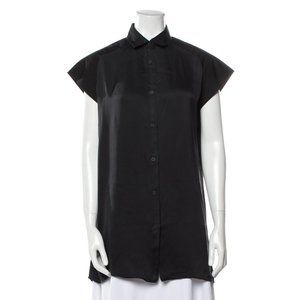 Bottega Veneta Short Sleeve Silk Button-U Top - Black - S Small